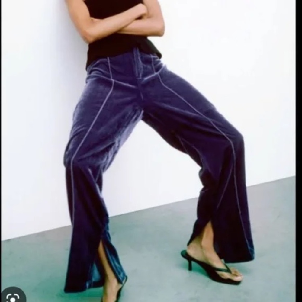 Zara Deep Blue Velvet Wide Leg Pants